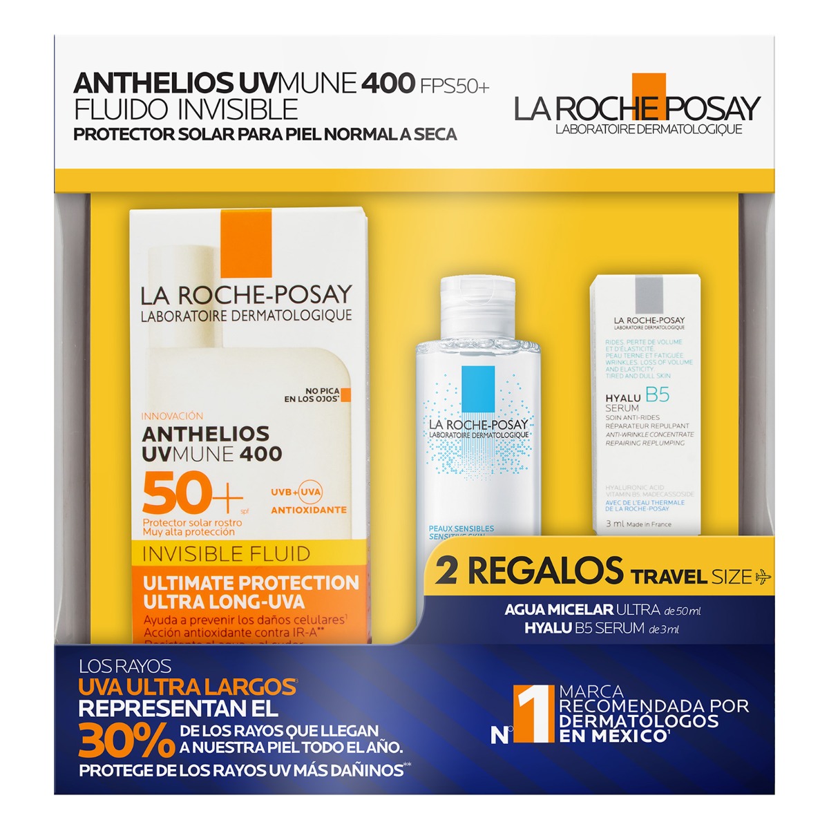 Pack Anthelios UV Mune 400Fluido con Color FPS 50+ 50ml +Agua Micelar 50ml + Hyalu B5 Serum 3ml - La Roche Posay